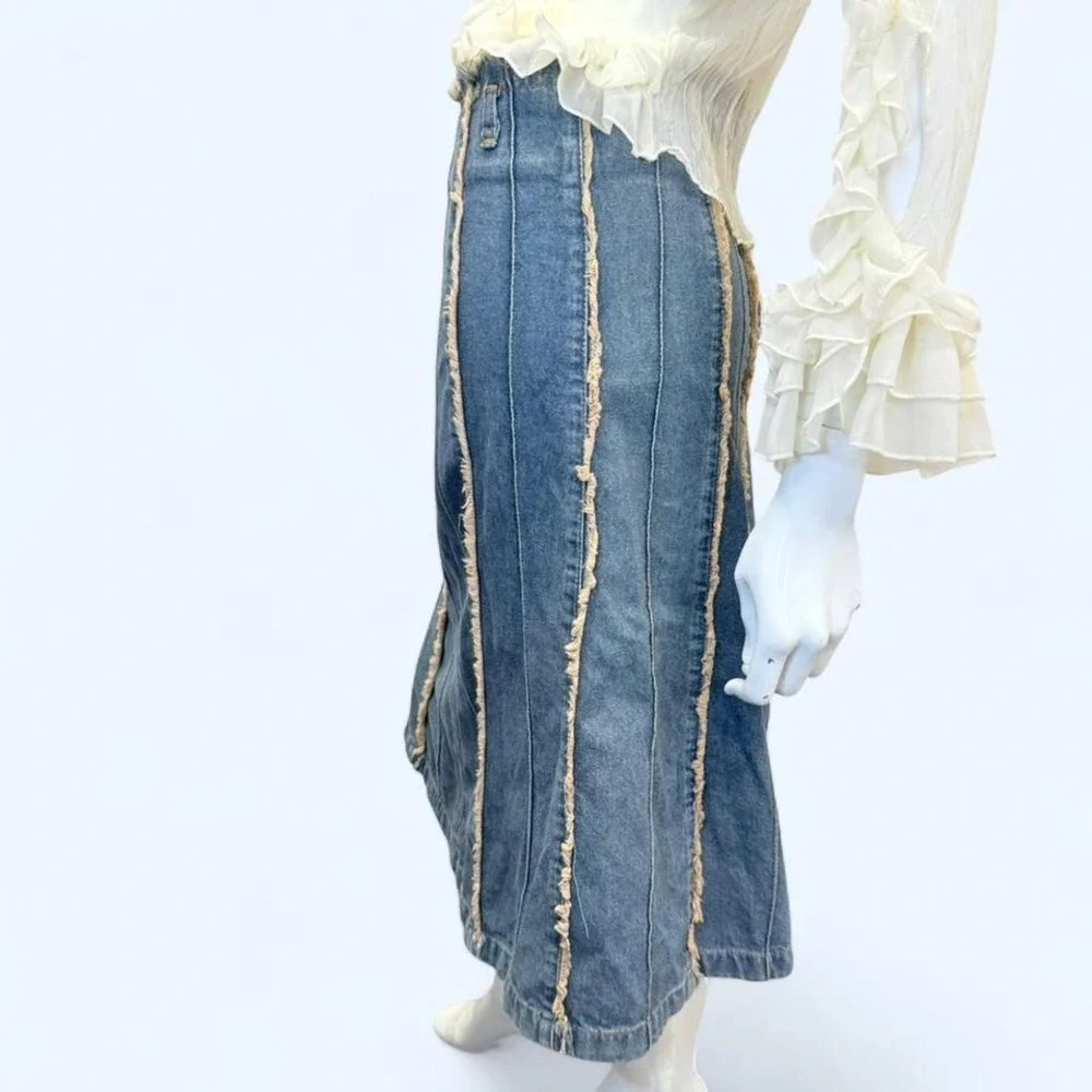 Fibbie Denim Midi Skirt Distressed Paneled Raw Hem Y2K‎ Low Rise Womens S